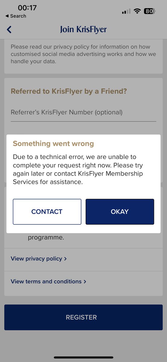 Rosshenery's tweet photo. @SingaporeAir hi, I’ve been trying to sign up for weeks to your air miles programme but constantly get this error . What am I doing wrong ? The details are correct . Thanks https://t.co/aTUUVeq0gV