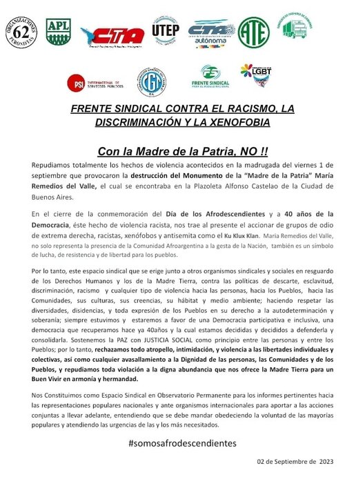 generoctabsas's tweet image. Frente Sindical contra el Racismo, la Discriminación y la Xenofobia  Con la Madre de la Patria, NO!!!
Repudiamos totalmente los hechos de violencia  que provocaron la destrucción del Monumento de la “Madre de la Patria” María Remedios del Valle.
Nota ➡️ cta.org.ar/con-la-madre-d…