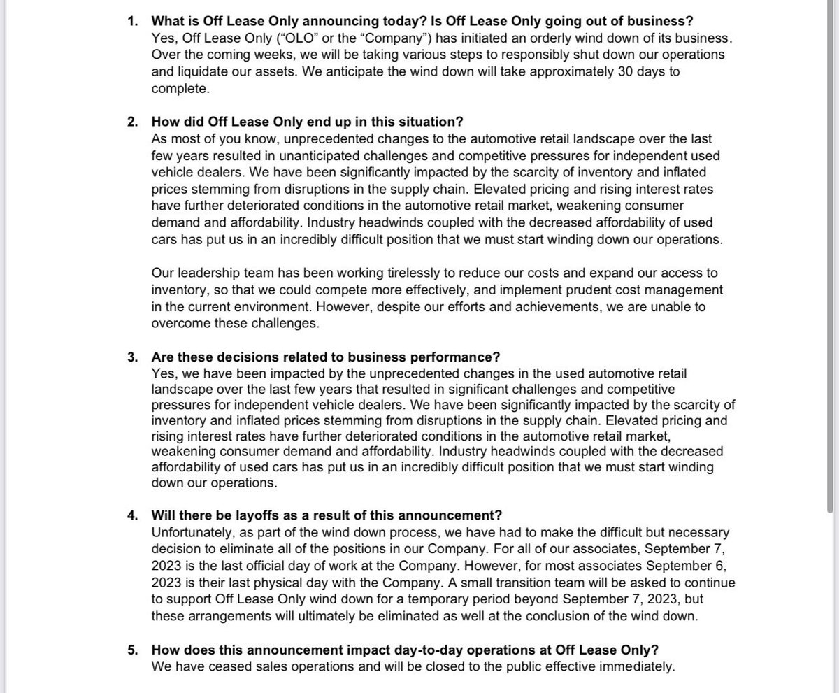 Major player in used cars just got wiped out 🤯

the internal memo below:

“Elevated pricing and rising interest rates have further deteriorated conditions in the automotive retail market, weakening consumer demand and affordability.”
