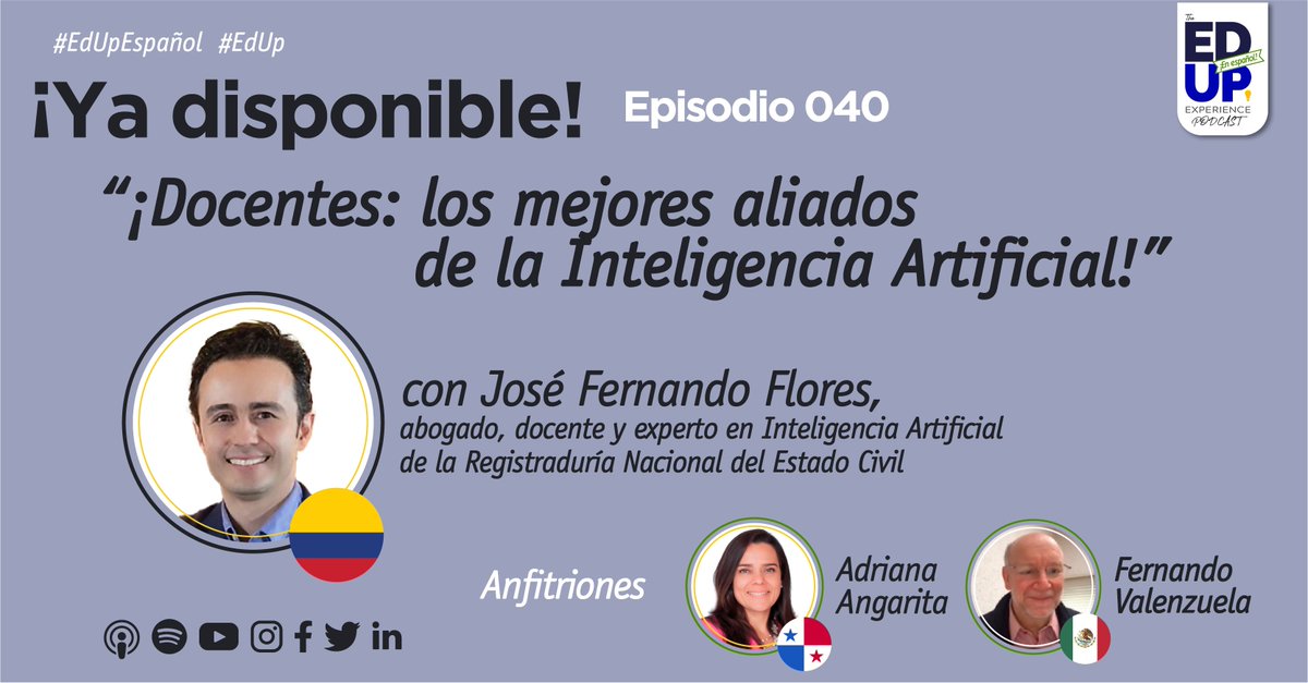 🔔Estreno #EdUpEspañol José Fernando Flórez 🇨🇴<a href="/florezjose/">José Fernando Flórez</a> “Docentes: ¡Mejores aliados de la Inteligencia Artificial!”, IA y aporte al proceso educativo en esta nueva era.
🎙️Con <a href="/aangarit/">Adriana Angarita</a> 🇨🇴y <a href="/FerVal100/">Fernando Valenzuela Migoya</a>🇲🇽  
👉Spotify spoti.fi/3j4NRfi
👉Apple Podcast apple.co/3ZOi0jx
