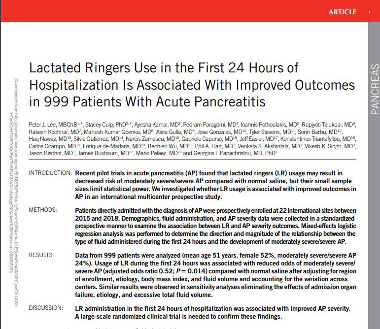 GIPapachristou's tweet photo. ⭐️Another #Apprentice study impactful paper @AmJGastro ⭐️LR administration in 1st 24h  is associated with improved #pancreatitis severity ⭐️Proud &amp; thankful 🙏🏻 to all our collaborators throughout the world @lelecapurso @DeMadaria @buxbaum_l #OSUGHNDivision #GITwitter @OSUWexMed https://t.co/pAsRiDbAni
