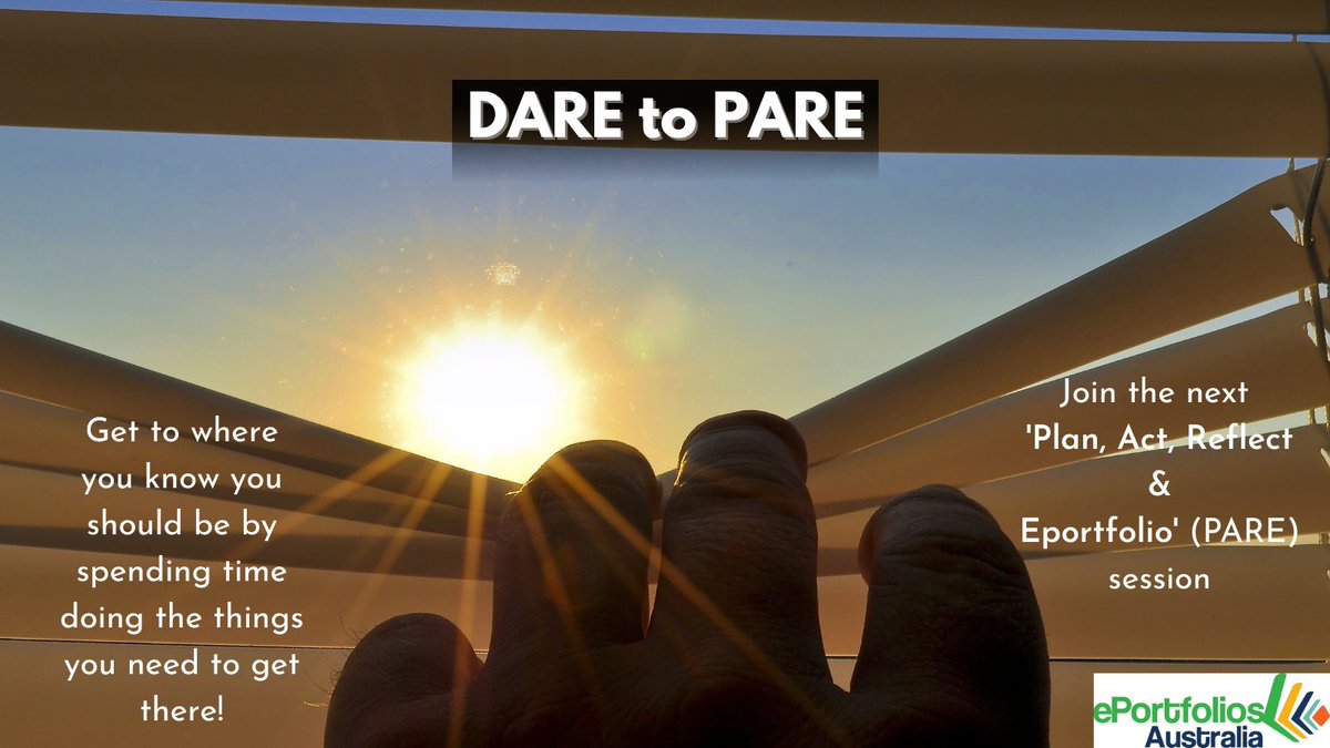eportfoliosaust's tweet photo. It's not too late to DARE to PARE - Get organised, more forward! - Join us for this evening's 'Plan, Act, Reflect &amp; Eportfolio' (PARE) session - 7 Sept 7.00-8.30 pm (SYD time) #stayontrack #manageyourcareer #achieveyourgoals #eportfoliopractice
https://t.co/JviFD4EuNZ https://t.co/jy4c4ZCsMS
