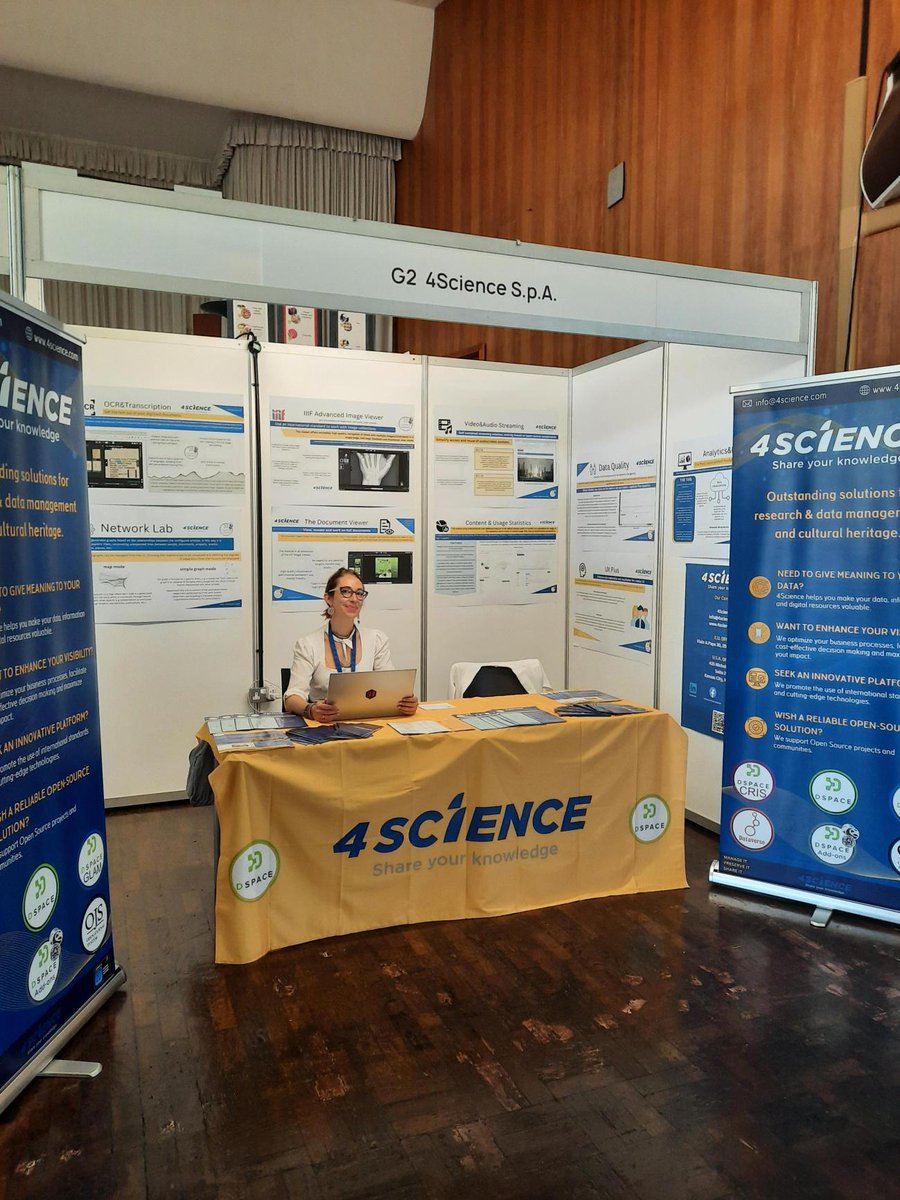 4ScienceIT's tweet photo. Come see us at booth G2 at the @ukupc conference! our Deputy Chief Sales&amp;Marketing Officer Irene Buso will answer any #questions and happy to talk more about #OpenScience and what #4Science can do for you and your #institution!
@dspacetweets 
#UKUPC2023 #OpenKnowledge #Openness https://t.co/yxRfeIayGG