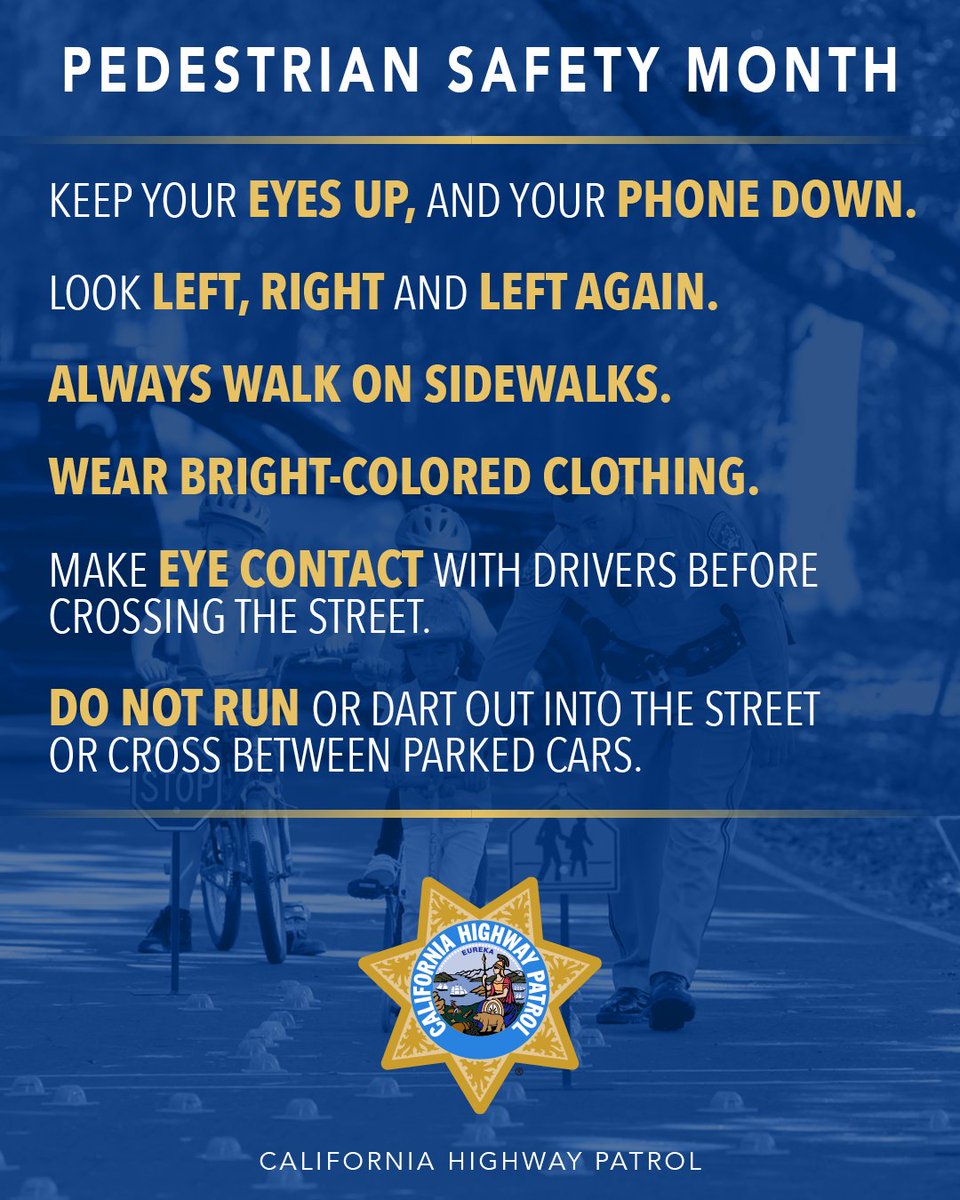 Hey, California! September is #PedestrianSafetyMonth, and the CHP wants to remind everyone to be extra cautious on the roads. Let’s work together to make our roads safer for everyone!