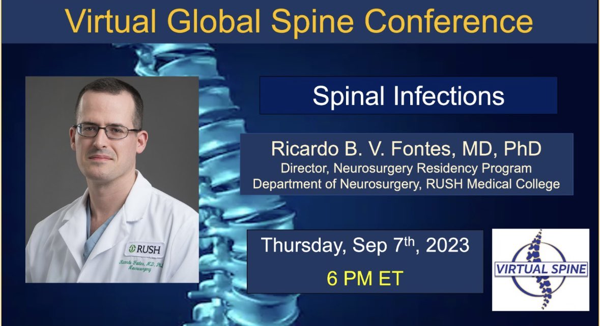 alfredoguiroymd's tweet photo. Join us tomorrow in our weekly session of #virtualspine to see my friend an mentor @ricardofontes from RushU. We’re gonna discuss some complex spinal infections and his very unique approach to treat them. You can register at the link below 👇🏿

https://t.co/0XTdaTxryk https://t.co/pH86kaGvDN