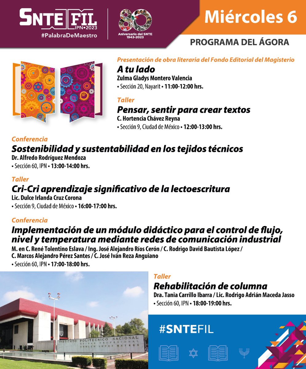 📝 AGENDA #SnteFIL 📝

2 conferencias 🗣️ 2 talleres 👨‍🎨 y la presentación de 1 libro del sello @SNTE_FEM 🖋️ marcan la cartelera magisterial en el ágora #SNTE 📚 este #FelizMiércoles en la fiesta literaria #FILIPN2023 del @IPN_MX 🏢

El stand #SnteFIL es de 🔟
#PalabraDeMaestro 👨‍🏫