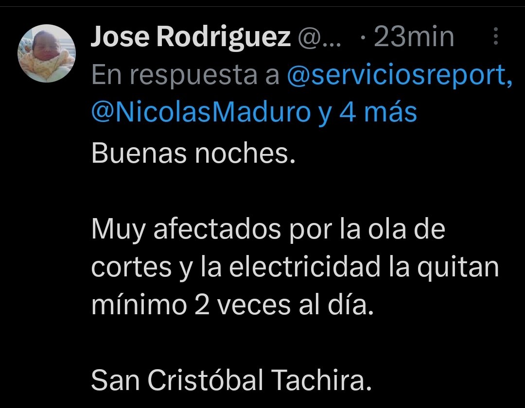 serviciosreport's tweet photo. #Reportes
#06DeSep
#Tachira
#ServicioElectrico
Los cortes eléctricos se están viviendo en el #Tachira de esta manera.
Algunos de los mensajes recibidos con sus testimonios #ReportanUsuarios
#QueSeSepa
@NicolasMaduro @ConMaduroMas_ @NestorLReverol @mppeevzla @CorpoelecInfo https://t.co/RioYLdYIsa