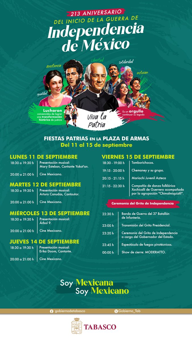 Gobdetabasco's tweet photo. 🇲🇽¡Soy mexicana! ¡soy mexicano!

🗓️Disfruta de las actividades organizadas para celebrar y conmemorar la Independencia de México🎆 https://t.co/z2t2K8sgaA