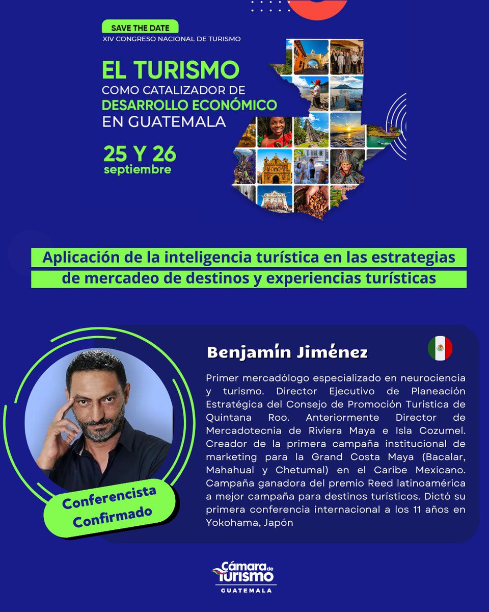 <a href="/BenjaJimenezH/">Benjamin Jiménez H</a> , experto en neuromarketing para destinos nos hablará sobre la creación y desarrollo de sistemas de inteligencia en mercados turísticos. 

 📆25 y 26 de Septiembre
 📍La Antigua Guatemala 

 INSCRÍBETE AQUI: forms.gle/pz2DbiP2ZesjWw…

 #turismo #XIVCongresoturismogt