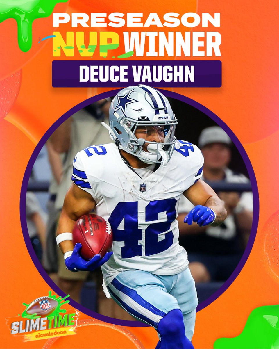 NFLonCBS's tweet photo. Your 2023 Preseason Nickelodeon Valuable Player: Deuce Vaughn 👏🏆 https://t.co/XPjL1SzQC9