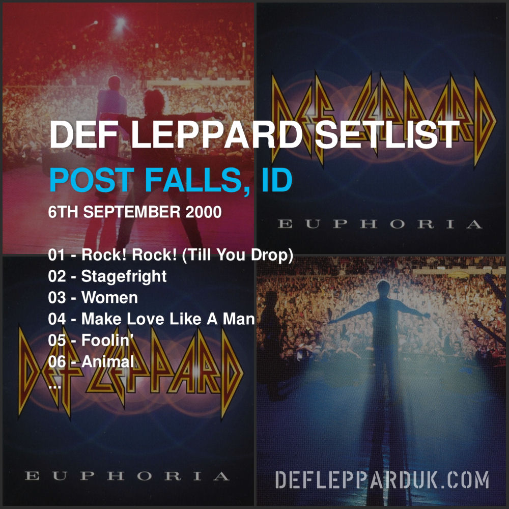 dltourhistory's tweet image. #DefLeppard #Setlist for a show in
#PostFalls ID USA 🇺🇸 23 Years Ago on this day in 2000

01 - Rock! Rock! (Till You Drop)
02 - Stagefright
03 - Women...

#Euphoria #EuphoriaTour #joeelliott #ricksavage #rickallen #philcollen #viviancampbell
deflepparduk.com/2000postfalls.…