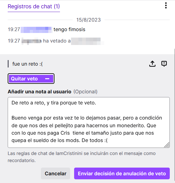 JoGonBa's tweet photo. Otro ejemplo de que los retos tontos los carga el diablo. Aunque éste en concreto era inofensivo y tenía un pase, por eso se libra aunque en el momento el mod tenía por precaución que ser expeditivo, que para eso nos pagJAJAJAJ #Twitch #Moderatorsbemoderating https://t.co/0yWwigT8pD