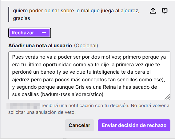 JoGonBa's tweet photo. Qué bonita prueba nos ofrece aquí un juego tan intelectual como el ajedrez de que se puede ser inteligente y ser imbécil al mismo tiempo (y encima es otro al que ya se le perdonó un baneo) #Twitch #Moderatorsbemoderating https://t.co/gIaOvjFn4U