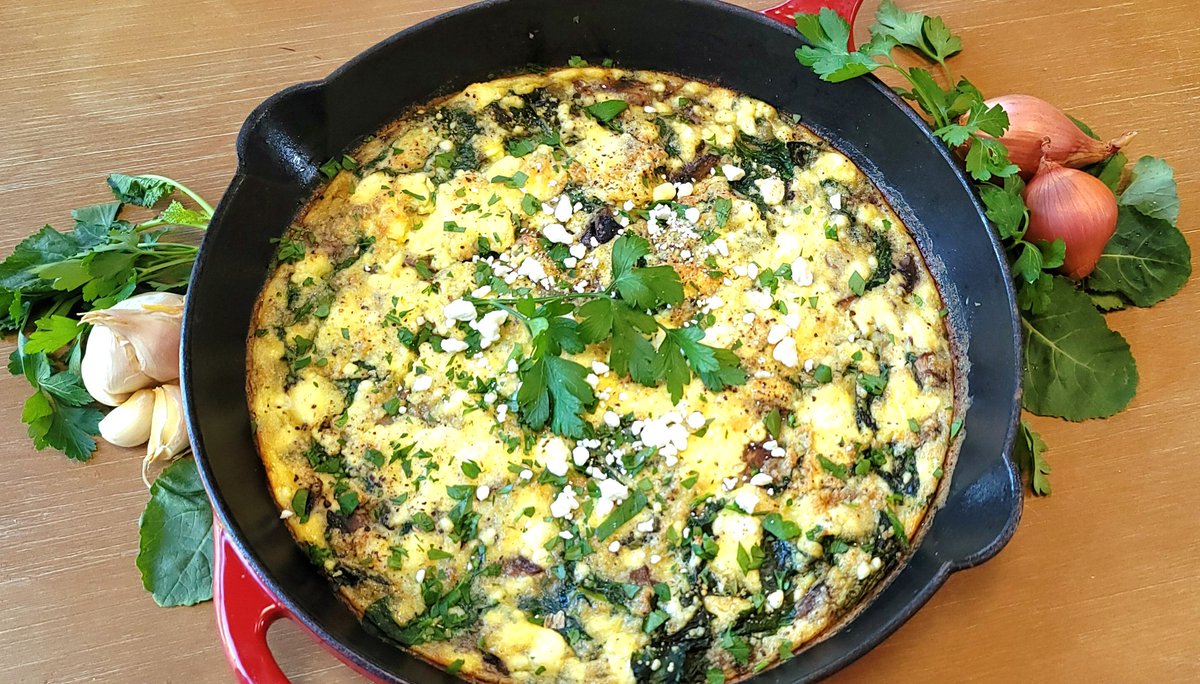 When starting the day includes clearing one's mind with several choreographed orgasms, brunch becomes a 'Who Are You...Bob Fosse??' Frittata

with shallots, garlic, mushrooms, baby greens & goat cheese
#FlavorKink
#KinkUpTheFlavor
#Cooking 
#chefskiss 
#Kitchenlife 
#PersonalChef