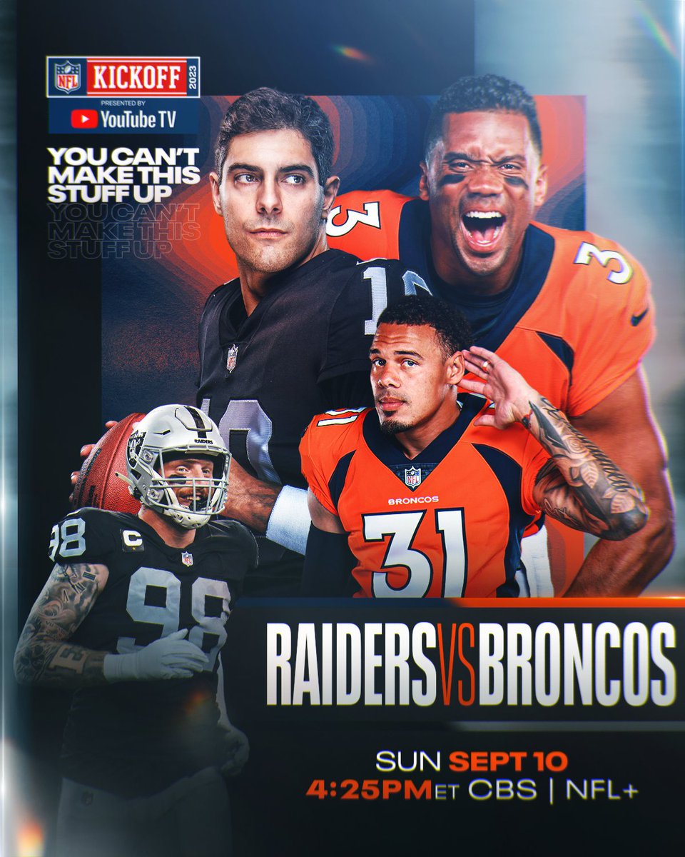 NFL's tweet image. The battle for the West 🔥

📺: #LVvsDEN — 4:25pm ET on CBS
📱: Stream on #NFLPlus