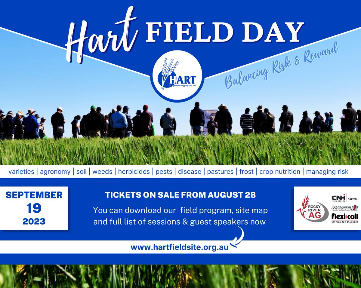 🌱 HART FIELD DAY - Sep 19
❓ Where else can you access 30+ specialists covering 20 topics related to broadacre ag? 🤔
Talk about value for money; tickets are $45 which = $5.60 / session!
(You can attend a max of 8) 👌
It's money well spent.
Tickets 👇
ticketebo.com.au/hartfieldday