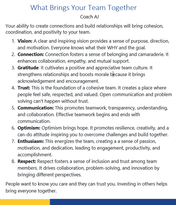 coachajkings's tweet photo. John Maxwell said, "The truth is that teamwork is at the heart of great achievement."

The best teams know how to connect and trust. They build together.

Great teams have a culture of togetherness and WE over me. 

8 things that bring your team together👇 https://t.co/XA9g2cvGuq