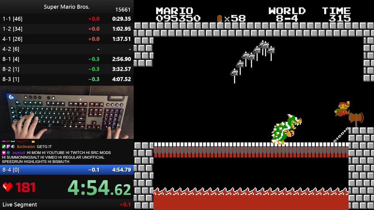 Niftski's tweet image. MID 4:54 IS DONE! 4:54.631 SMB1 ANY% WORLD RECORD! First ever run literally tied with the TAS going into 8-4, and I clutched it out. This is now a new era where the only timesave left is 8-4 frames! This wouldn't have been possible without your support, THANK YOU to everyone! &amp;lt;3