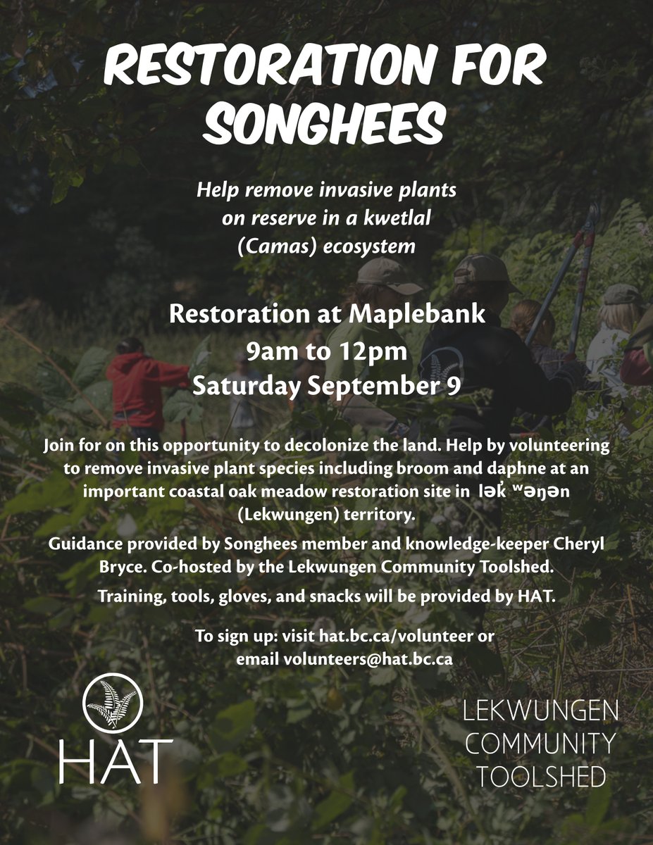 Call for volunteers!

Saturday, September 9, 2023
9:00am - 12:00pm

Sign up here: forms.office.com/r/1guQ8wtjpQ or via the HAT volunteer page (hat.bc.ca/volunteer) or by emailing volunteers@hat.bc.ca

Photos taken by Karissa Chandrakate: @pangea1010 karissachandrakate.com