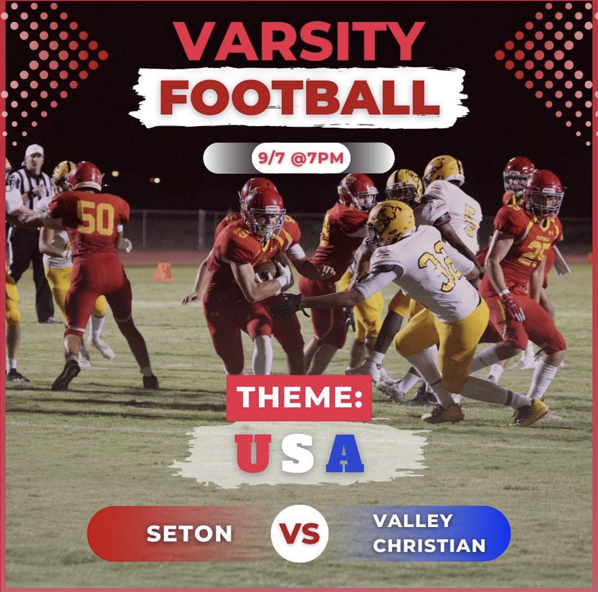 SCP REDZONE (@theredzonescp) on Twitter photo 🚨REDZONE Alert🚨
📌VARSITY HOME FOOTBALL GAME
📌7 PM
📌THEME: USA 🇺🇸🗽
<a href="/SCPAthletics/">Seton Catholic Athletics</a> <a href="/SCPBoosterClub/">SCPBoosterClub</a> <a href="/SetonCatholicFB/">Seton Catholic Football</a> <a href="/SetonCatholicAZ/">Seton Catholic Preparatory</a> 🚨REDZONE Alert🚨
📌VARSITY HOME FOOTBALL GAME
📌7 PM
📌THEME: USA 🇺🇸🗽
<a href="/SCPAthletics/">Seton Catholic Athletics</a> <a href="/SCPBoosterClub/">SCPBoosterClub</a> <a href="/SetonCatholicFB/">Seton Catholic Football</a> <a href="/SetonCatholicAZ/">Seton Catholic Preparatory</a>