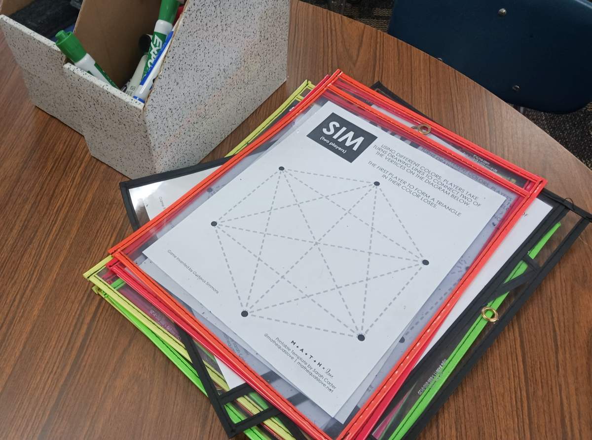 Sarah Carter (@mathequalslove) on Twitter photo Looking for a fun little game to keep in your back pocket for those days when you have seven random minutes left at the end of class? Let me introduce you to the Game of Sim that involves drawing lines and avoiding triangles! 
mathequalslove.net/game-of-sim/ Looking for a fun little game to keep in your back pocket for those days when you have seven random minutes left at the end of class? Let me introduce you to the Game of Sim that involves drawing lines and avoiding triangles! 
mathequalslove.net/game-of-sim/