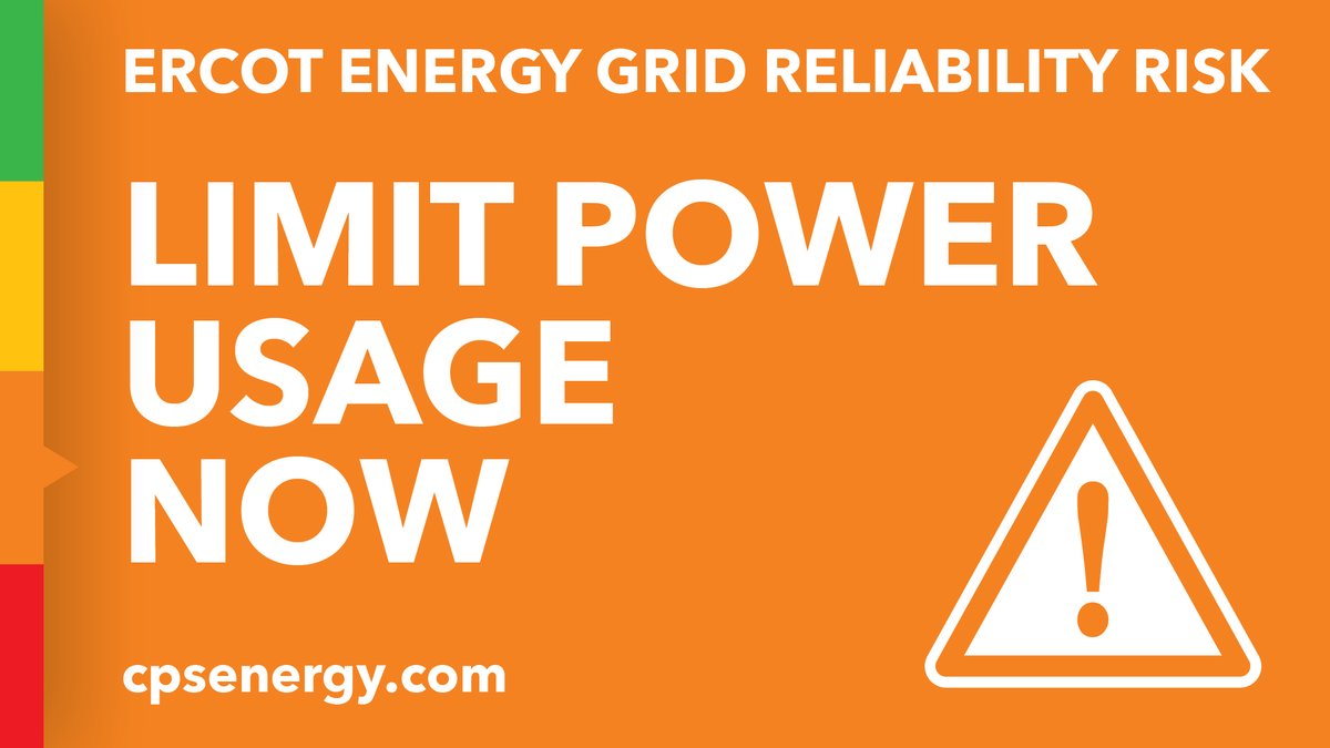 (09/06 at 7:43 PM) <a href="/ERCOT_ISO/">ERCOT</a> urges customers to limit power usage &amp; prepare for possible loss of power. Follow our Orange Alert tips:

Prepare your emergency plan
Find an alternative operation for medical devices
Turn off pool pumps &amp; avoid charging EVs

cpsenergy.com/conservation