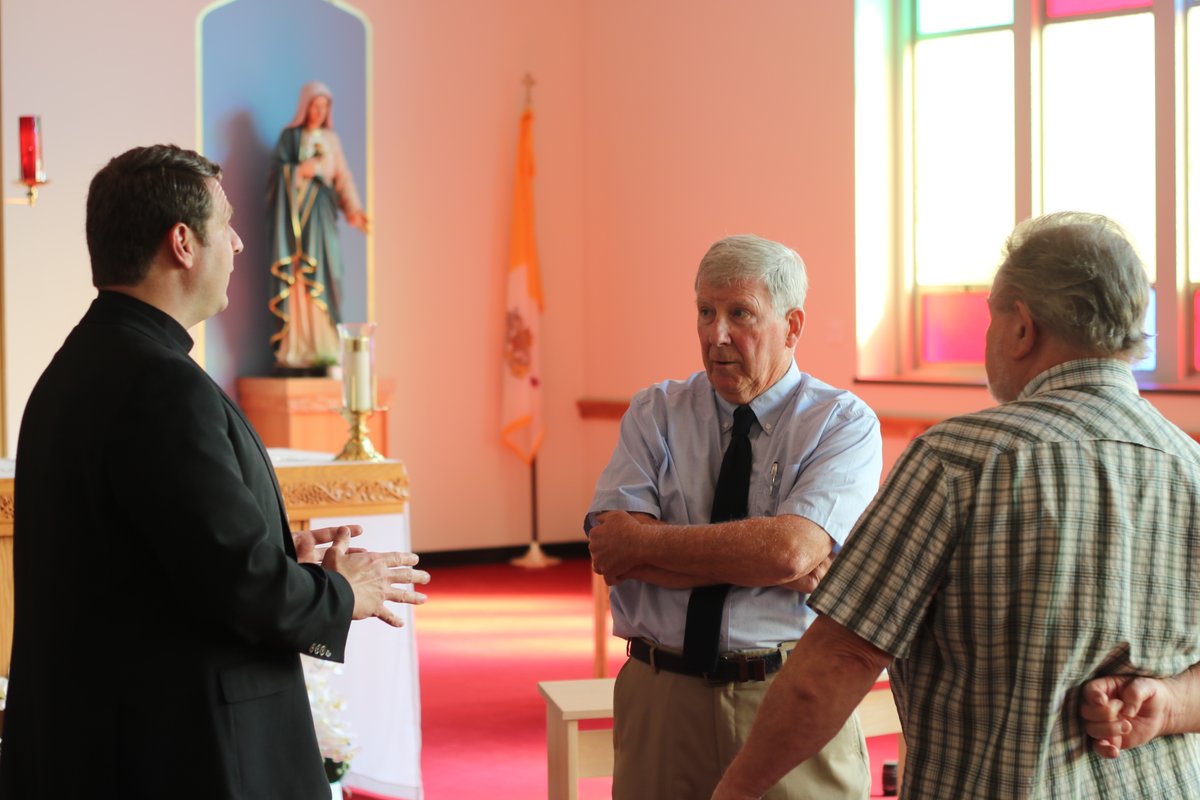 AustinPrep's tweet photo. We had a couple of visitors today to kick off the academic year. How many First Days of School have Mr. Roger Stone and Mr. Jay Dowd '69 experienced at Austin Prep? #AustinAlways https://t.co/PGiutuY7Zu