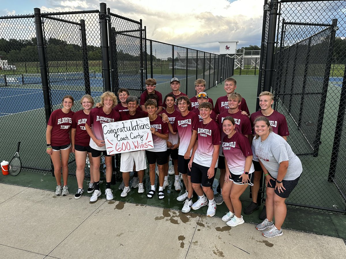Bloomfield Cardinals Boy’s Tennis with a 4-1 victory over Linton tonight at Canty Courts. Coach Canty records his 600th career win as leader of the Bloomfield Boys and Girls tennis programs.