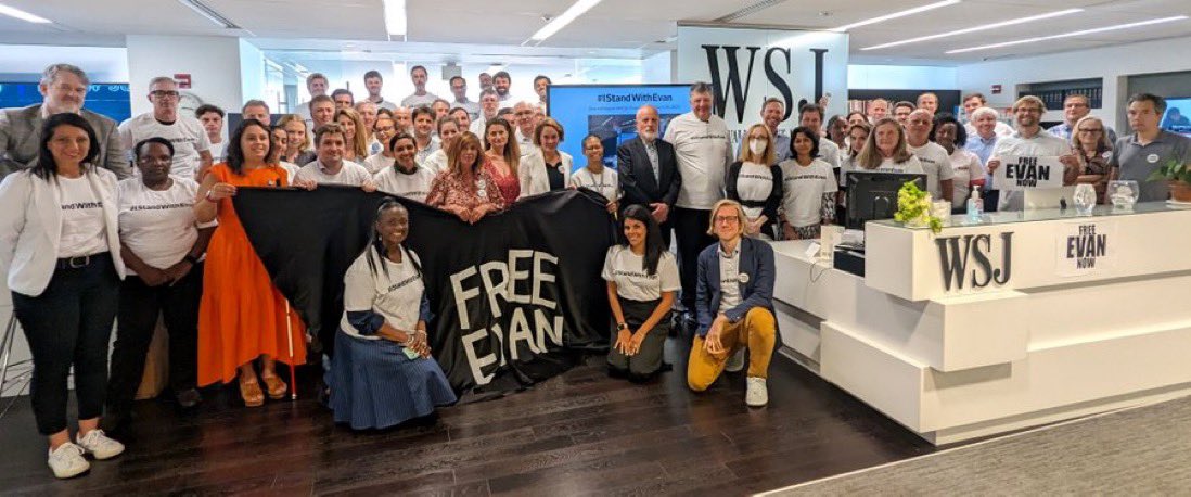 It has been 23 — repeat, 23 — weeks since @evangershkovich was arrested in Russia for doing his job. We remain fiercely concerned about our colleague and won't rest until he's home. Here is our D.C. bureau standing w/ his brave parents. Journalism is not a crime. #IStandWithEvan