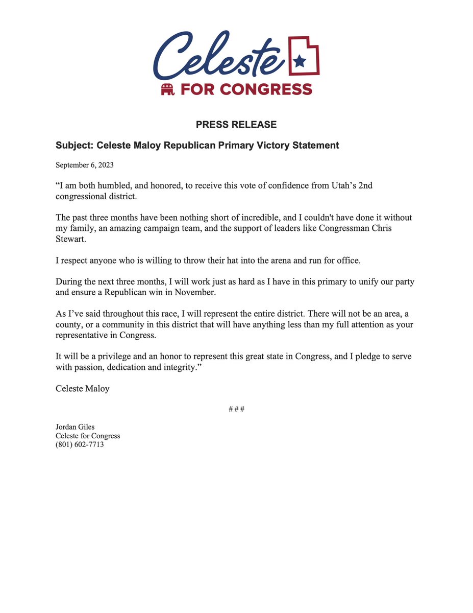 CelesteMaloyUT's tweet photo. FOR IMMEDIATE RELEASE:  

Thank you CD2 Republicans for your faith and trust! #utpol https://t.co/391HamvjeI