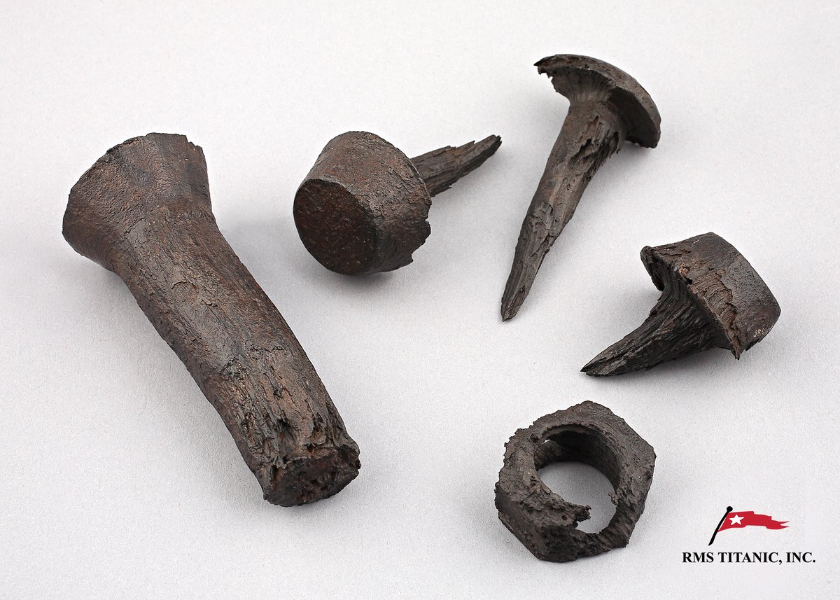 RMSTitanic_Inc's tweet photo. #TITANIC was built from about 2,000 1-inch-thick steel plates and the hull was stapled together with over 3 million rivets. 

These came from the 17-ton section of the hull recovered in 1998, and the nut was recovered during an expedition in 1993.

#titanicartifacts #RMST https://t.co/aSVMRxuNyW