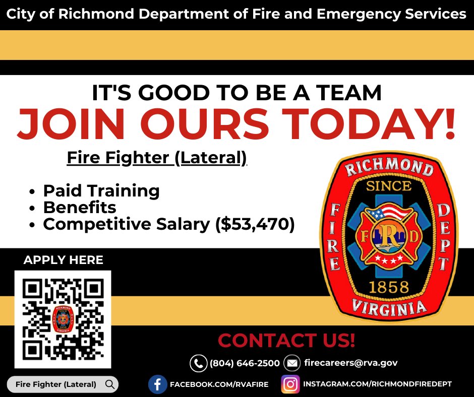 Richmond Fire Department (@rfdva) on Twitter photo 🔥 WE ARE HIRING LATERALS: Share this recruitment post! Are you or someone you know interested in becoming a <a href="/CityRichmondVA/">City of Richmond, VA</a> firefighter? Well here's your chance to apply and JOIN OUR TEAM.
Scan the QR code for the job listing on governmentjobs.com/careers/richmo…. 🔥 WE ARE HIRING LATERALS: Share this recruitment post! Are you or someone you know interested in becoming a <a href="/CityRichmondVA/">City of Richmond, VA</a> firefighter? Well here's your chance to apply and JOIN OUR TEAM.
Scan the QR code for the job listing on governmentjobs.com/careers/richmo….