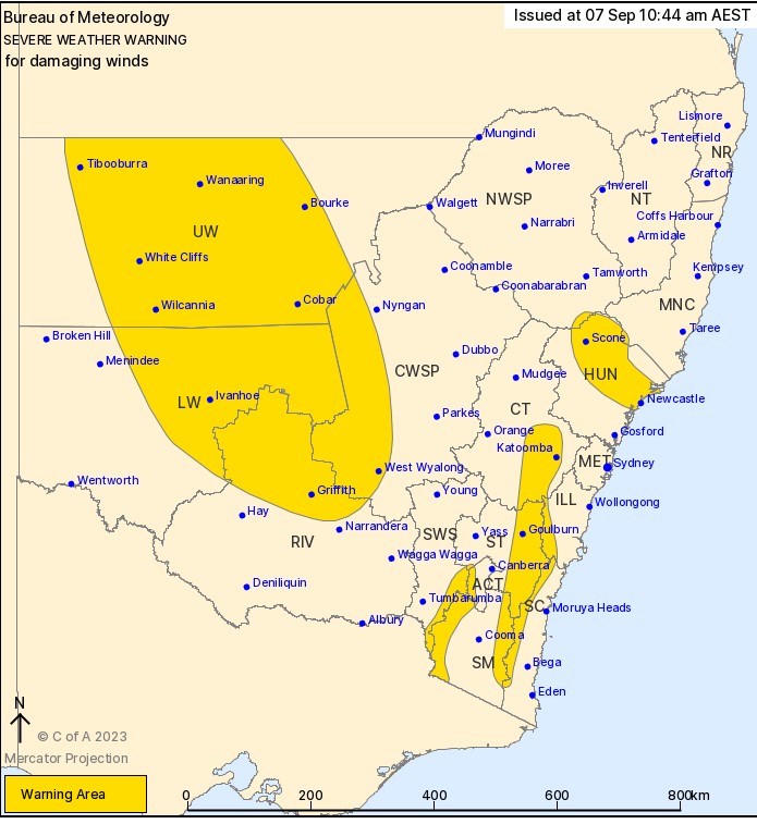 NSWSES: Severe Weather Warning for DAMAGING WINDS for #Newcastle, #Scone, #Cessnock, #Maitland, #Katoomba, #Goulburn, #Griffith, #Tibooburra, #Cobar, #Bourke, #Wanaaring,#Ivanhoe and #Thredbo Top Station.

To view current warnings visit the Bureau …