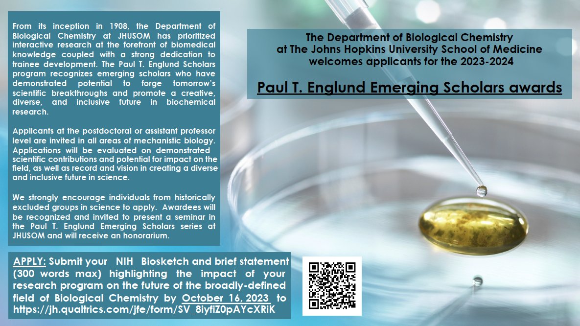 Upcoming application deadline for the 2023-2024 Paul T. Englund Emerging Scholars Award, which received an INSIGHT Into Diversity ‘Inspiring Programs in STEM’ award in 2023 (biolchem.bs.jhmi.edu/englund-emergi…).

Applicants at the postdoctoral or assistant professor level are invited in all