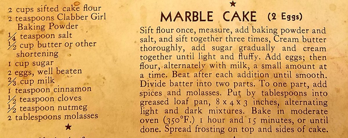 Marble Cake -- 1930s

#oldrecipe #comfortfood #dessert #cake #1930srecipe #depressioneracooking #1930sfood #marblecake
#cakeflour