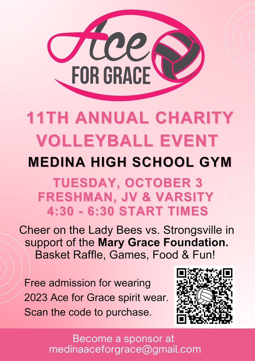 Please join us for a fun night of high school volleyball! <a href="/racewgrace/">Race With Grace</a> <a href="/MedinaBoosters/">MedinaBoosters</a> <a href="/MedinaGazette/">The Gazette</a> <a href="/MedinaTeachers/">Medina City Teachers</a> <a href="/MGVBladybees/">Medina Girls Volleyball</a>