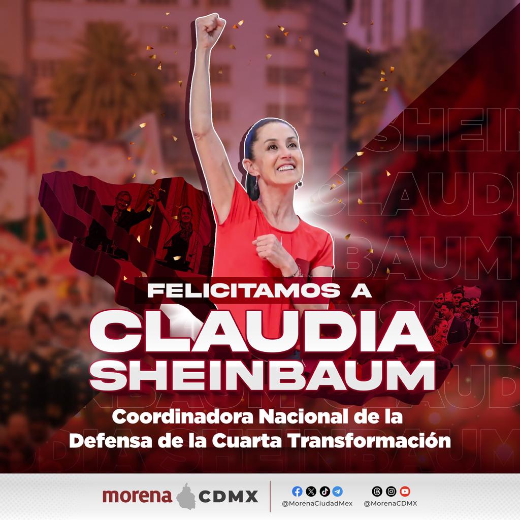 MorenaCiudadMex's tweet photo. ¡Es ella!, ¡#EsClaudia!
Nos enorgullece que sea una mujer y de la Ciudad de México quien el Pueblo eligió para encabezar nuestro Movimiento rumbo al 2024.
Confiamos en la capacidad de @Claudiashein para dar continuidad a la Cuarta Transformación de la vida pública de México.
¡Tenemos coordinadora!