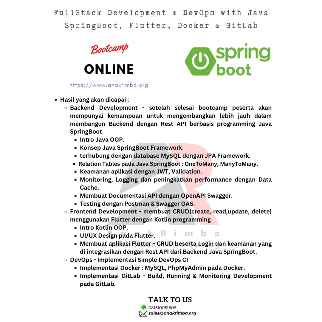 anakrimba_org's tweet image. Bootcamp FullStack Development & DevOps with Java SpringBoot, Flutter, Docker & GitLab.
#javaspringboot #javadeveloper #developer #developerindonesia #restapi #programmer