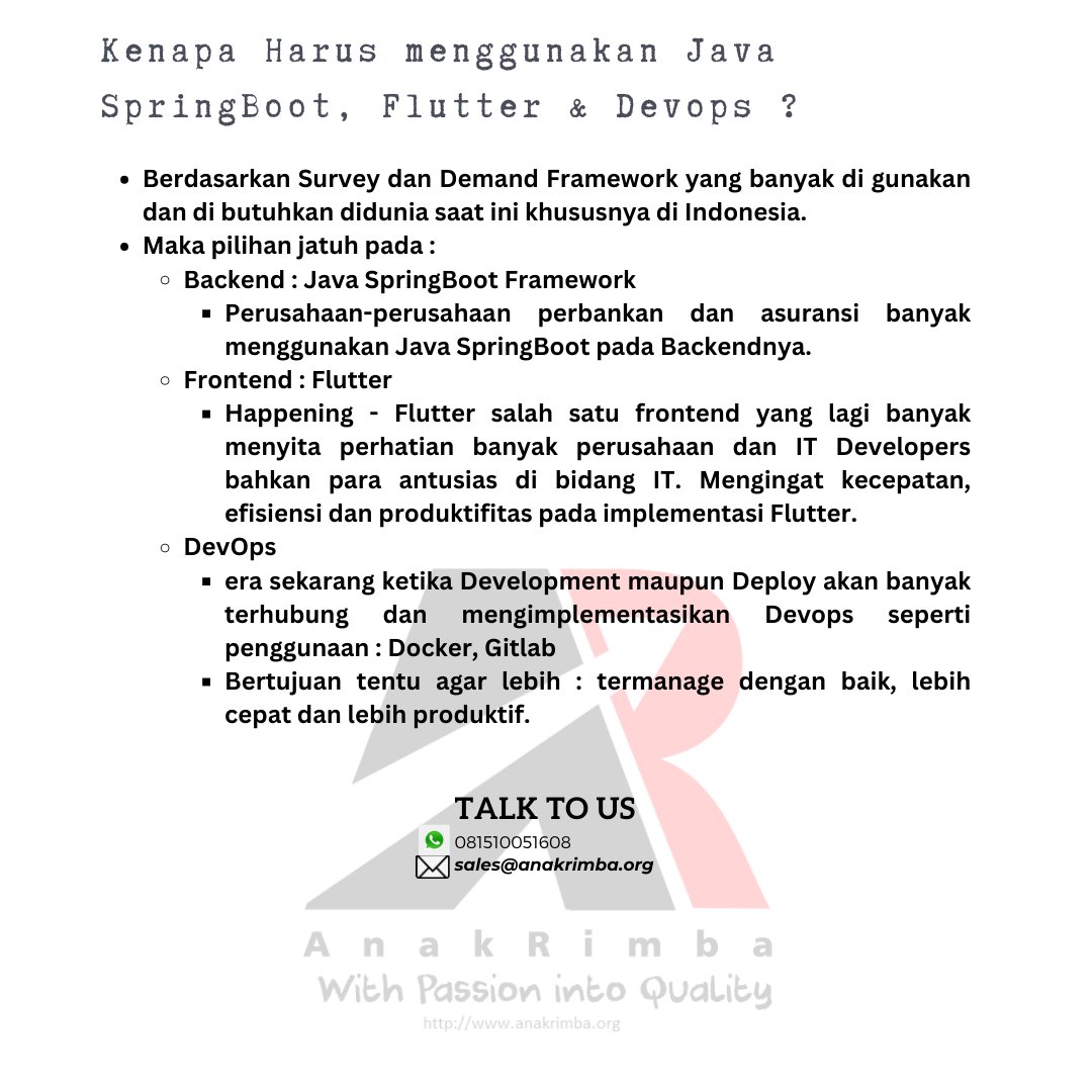 anakrimba_org's tweet image. Bootcamp FullStack Development & DevOps with Java SpringBoot, Flutter, Docker & GitLab.
#javaspringboot #javadeveloper #developer #developerindonesia #restapi #programmer