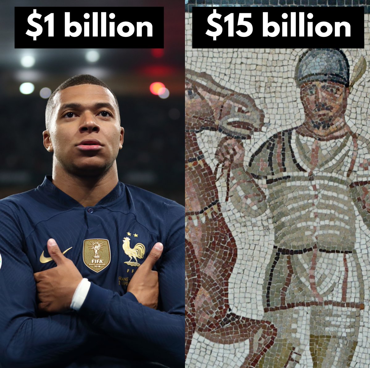 The football star Kylian Mbappé was offered $1 billion to join the Saudi Arabian team Al-Hilal.

But that wouldn't have made him even nearly the richest athlete in history.

Because there was a Roman chariot racer called Gaius Appuleius Diocles who earned more than $15 billion...