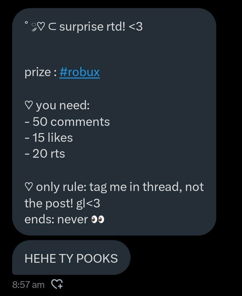 i got a #robux rtd!

i need:
- 15 likes
- 20 rts
- 50 comments

i do #h4h and any help is appreciated !!

#robuxgw #robuxrtd #rtd #robuxgiveaway #robuxgws #royalehigh #royalehighgiveaway #royalehighgw #royalehighgws #robuxgiftcard #robuxtrading #robuxtrades #robuxcode