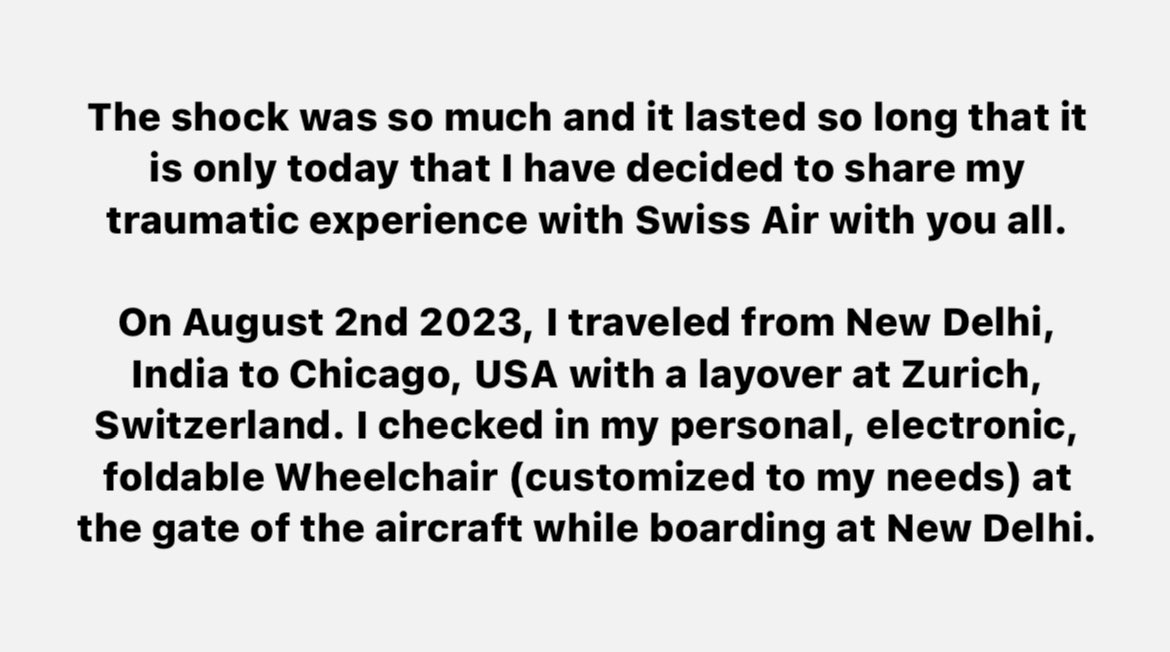 mudita_jagota's tweet photo. My horrible experience with @FlySWISS ! 
1/3

#Disability #Disabled #Wheelchair #Discrimination #Ableism #DisabilityDiscrimination #Harassment #Airline #Flight #Swiss #SwissAir https://t.co/CCIgdAKdtm