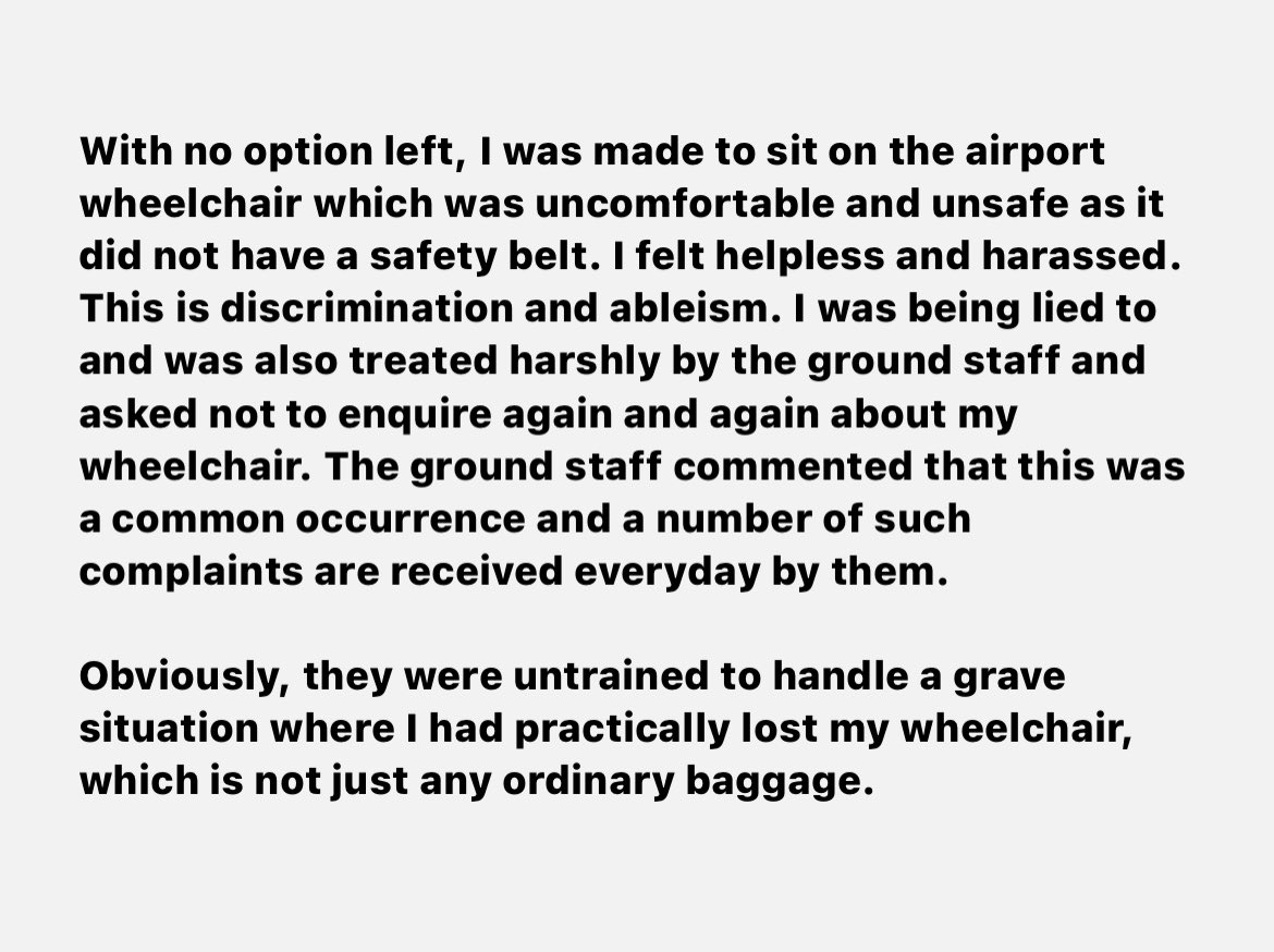 mudita_jagota's tweet photo. My horrible experience with @FlySWISS ! 
1/3

#Disability #Disabled #Wheelchair #Discrimination #Ableism #DisabilityDiscrimination #Harassment #Airline #Flight #Swiss #SwissAir https://t.co/CCIgdAKdtm