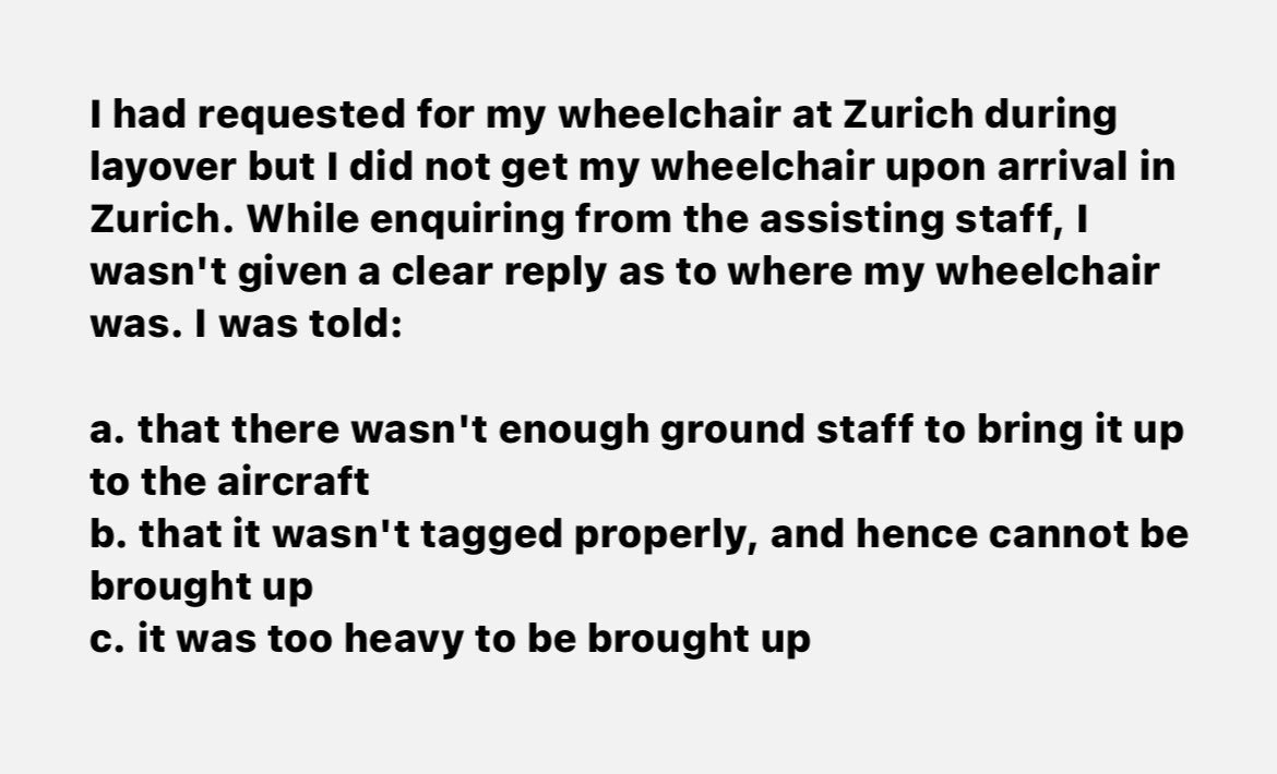 mudita_jagota's tweet photo. My horrible experience with @FlySWISS ! 
1/3

#Disability #Disabled #Wheelchair #Discrimination #Ableism #DisabilityDiscrimination #Harassment #Airline #Flight #Swiss #SwissAir https://t.co/CCIgdAKdtm