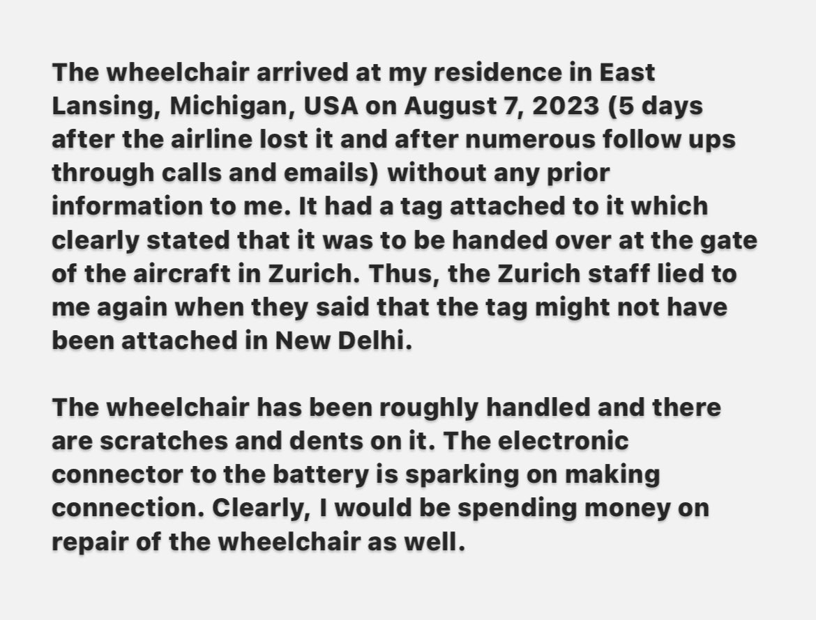 mudita_jagota's tweet photo. My horrible experience with @FlySWISS ! 
2/3

#Disability #Disabled #Wheelchair #Discrimination #Ableism #DisabilityDiscrimination #Harassment #Airline #Flight #Swiss #SwissAir https://t.co/ebgzfDz4iR