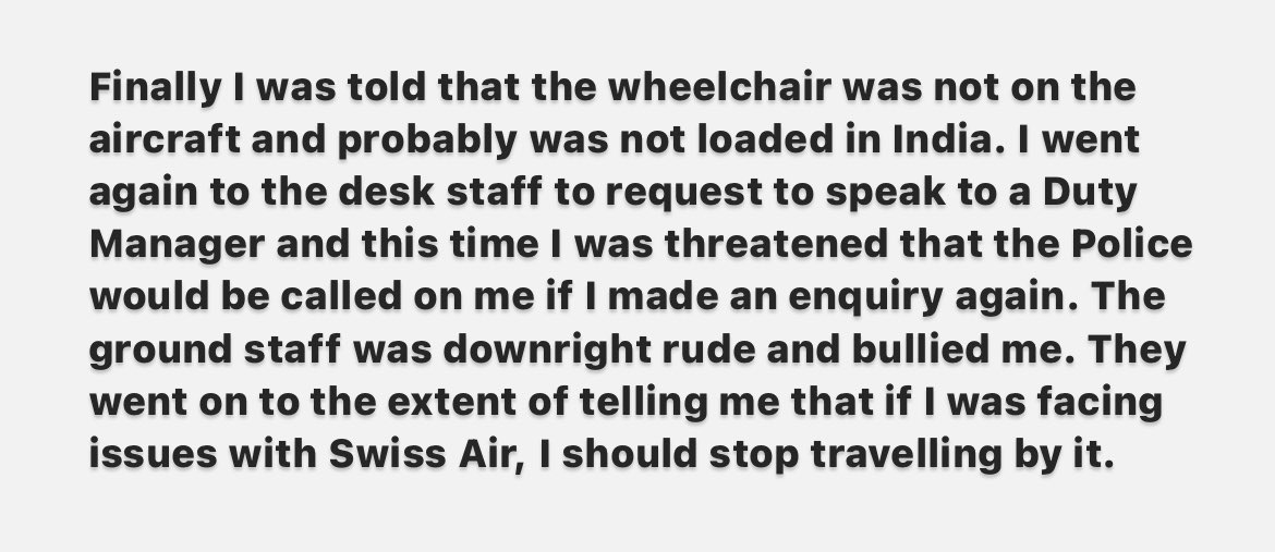mudita_jagota's tweet photo. My horrible experience with @FlySWISS ! 
2/3

#Disability #Disabled #Wheelchair #Discrimination #Ableism #DisabilityDiscrimination #Harassment #Airline #Flight #Swiss #SwissAir https://t.co/ebgzfDz4iR