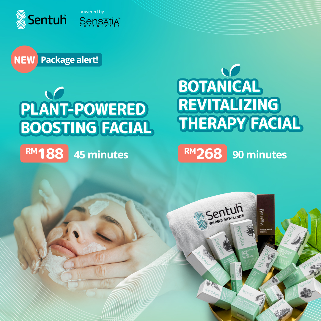 Dah tengok servis facial terbaru kita dalam app Sentuh? 🤗 servis facial kita kini berwajah baru &amp; menggunakan produk baru, iaitu Sensatia Botanicals yang didatangkan khas dari Bali 🌿