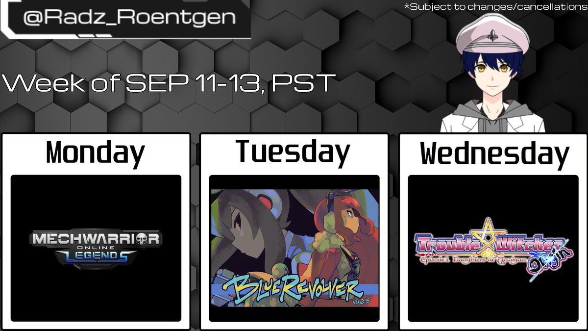 Radz_Roentgen's tweet photo. SEP11-13: #MechWarriorOnline, #BlueRevolver, #TroubleWitches Origin.

Follow me on Twitch: https://t.co/mLUP2HPYKm

#pngtuber #vtuber #ENVtuber #mwo #mechwarrior #battletech #メックウォーリアオンライン #STG #STG同好会 #shmup #トラブルウィッチーズ https://t.co/PN4noW5QK6