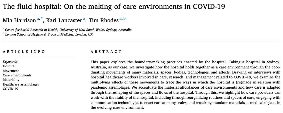 Check out our (@kari_lancaster @tim__rhodes) latest paper on the making of care environments during COVID-19. We investigate the movements and flows that organise care spaces to ask: What is 'the hospital'? Read now (OA) at Health & Place: doi.org/10.1016/j.heal… @CSRH_UNSW
