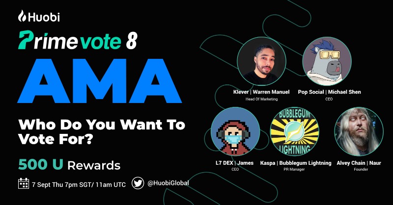 HTX_Global's tweet photo. #Huobi #PrimeVote 8 AMA!

Guest: @klever_io  @L7_DEX
@AlveyChain @KaspaCurrency @popapp_official

$500 Quiz AMA Shared:  
✅Follow @HuobiGlobal 

✅RT + Like + Tag 2 Friends

✅Set X Space Reminder: https://t.co/PNIzxiGF05

✅Answer quiz after event